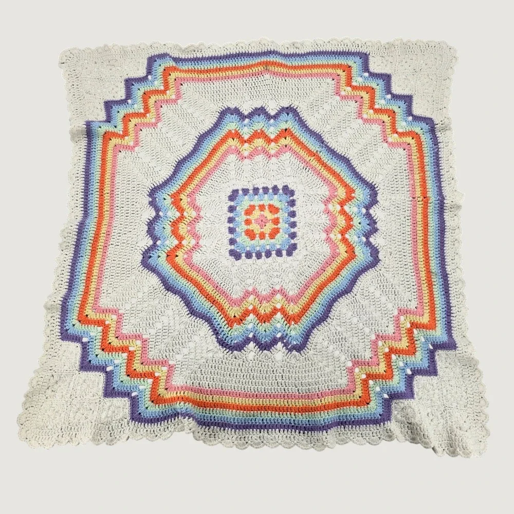 Handmade Crochet Rainbow Chevron Baby Blanket and Tooth Fairy Square Pillow Set